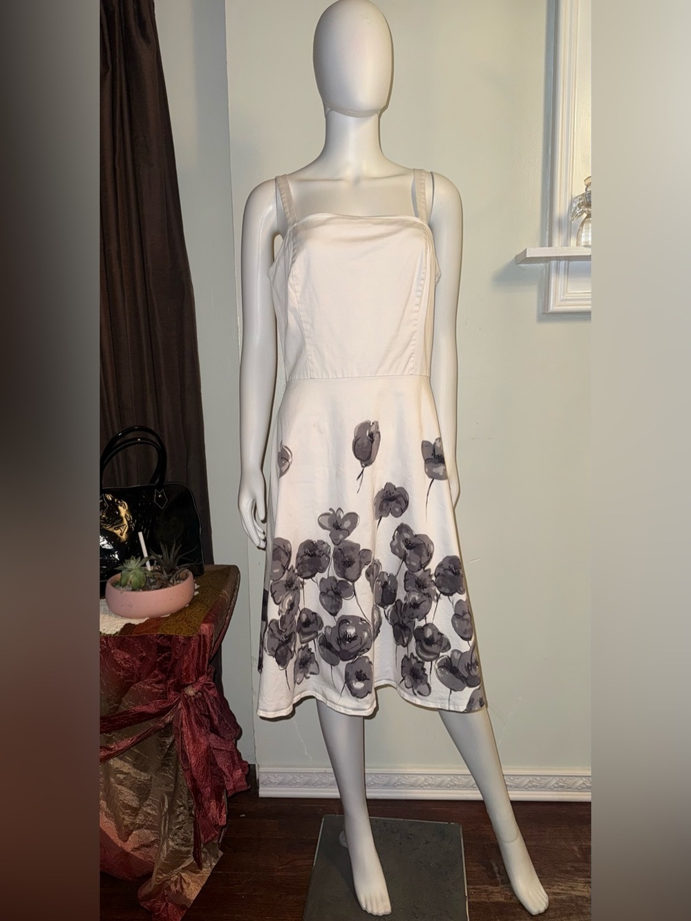 A.P.N.Y. White Midi Dress with Gray Floral Hem